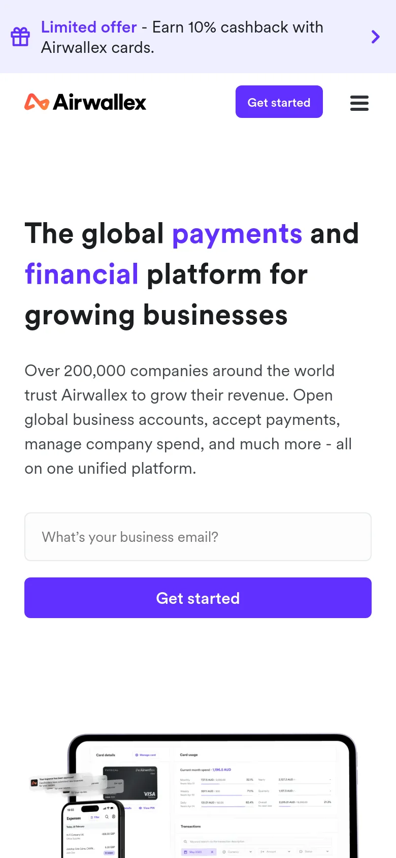 The mobile version presents a vertically stacked layout with the same headline and subtext, centered for readability. The hero imagery of the financial dashboard is positioned below the email signup section, and the navigation is condensed into a hamburger menu icon at the top right.