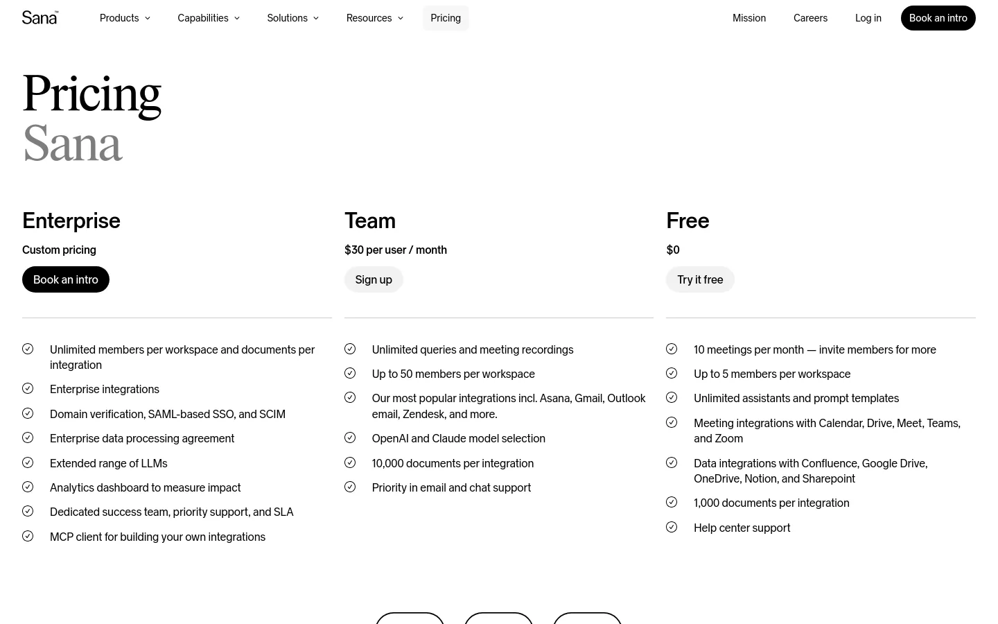 Sana Pricing desktop website screenshot