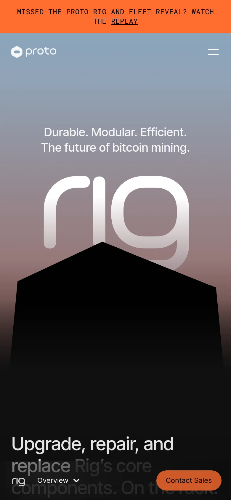 The mobile version simplifies the layout, stacking the headlines 'Durable. Modular. Efficient. The future of bitcoin mining.' above the large 'rig' logo. The navigation is condensed into a hamburger menu icon at the top right, and a bottom sticky bar provides quick access to 'Overview' and a prominent orange 'Contact Sales' button.