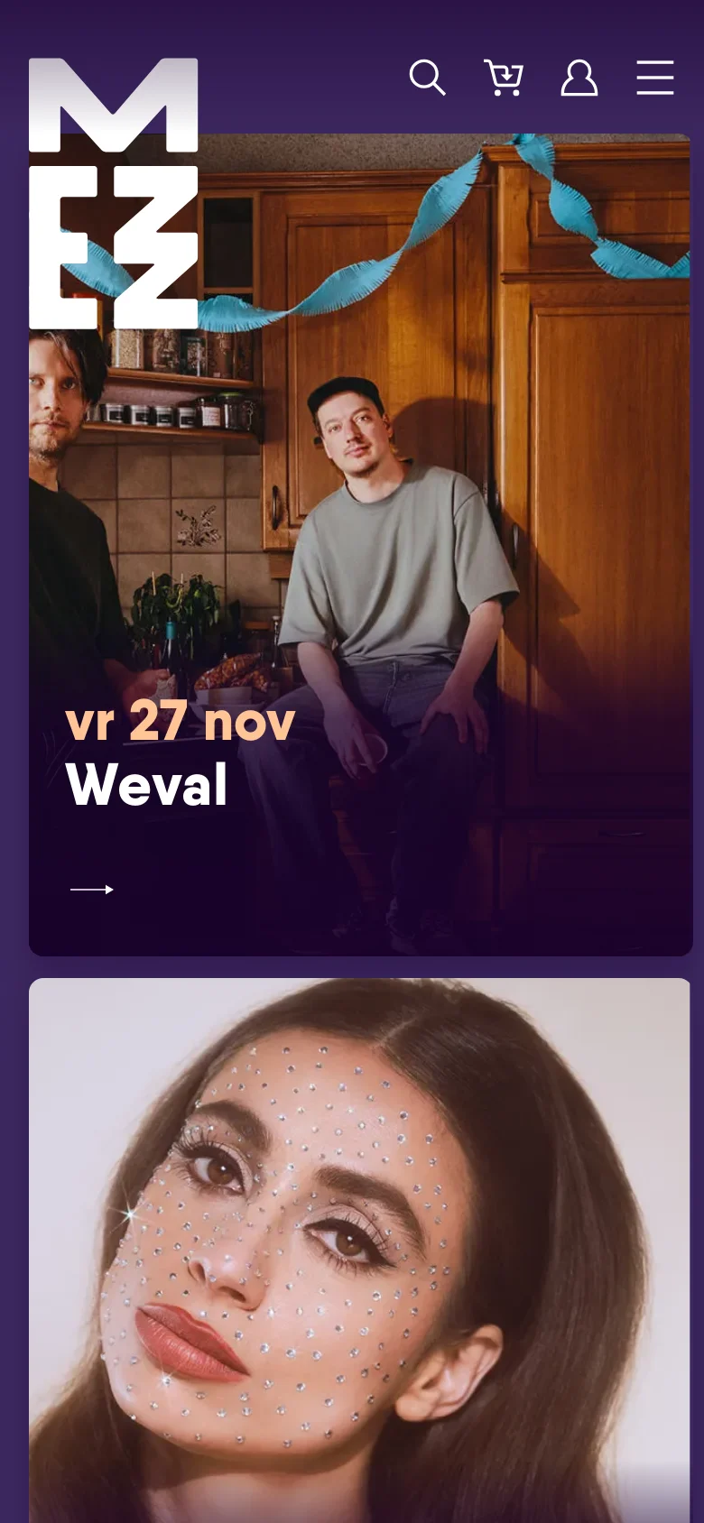 The mobile version uses a vertical stack layout with the large white 'MEZZ' logo at the top left. Event tiles, such as 'Weval', span the full width of the screen with large imagery and text overlays. The header features a simplified navigation bar with search, shopping cart, user account, and a hamburger menu icon.