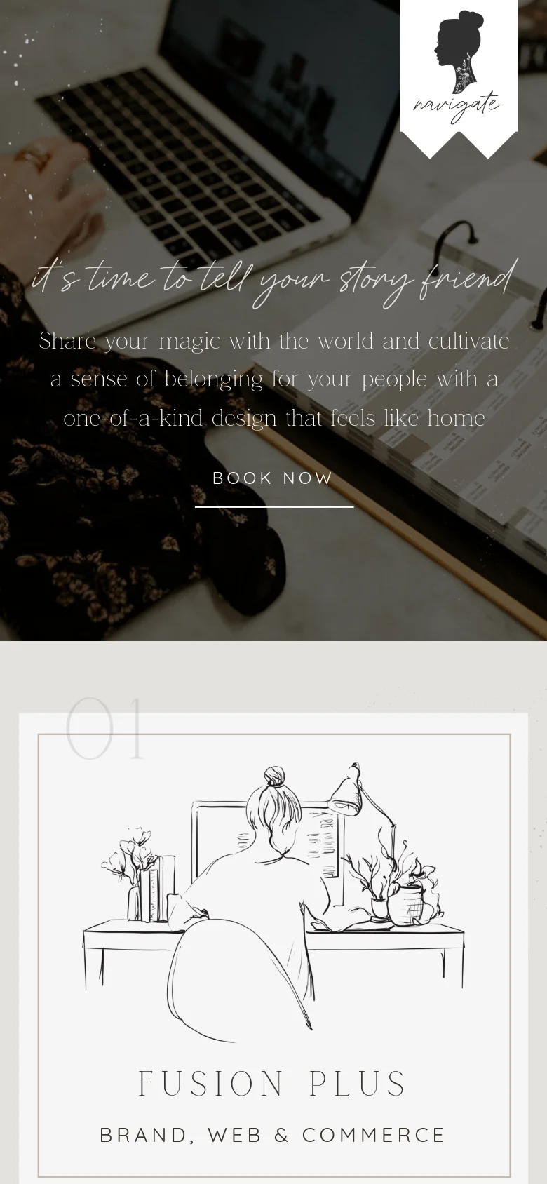 The mobile version presents a vertically stacked layout with the same dark hero imagery and centered white text. The navigation is condensed, and the large 'FUSION PLUS' package section follows below, featuring a minimalist line drawing of a person at a desk.