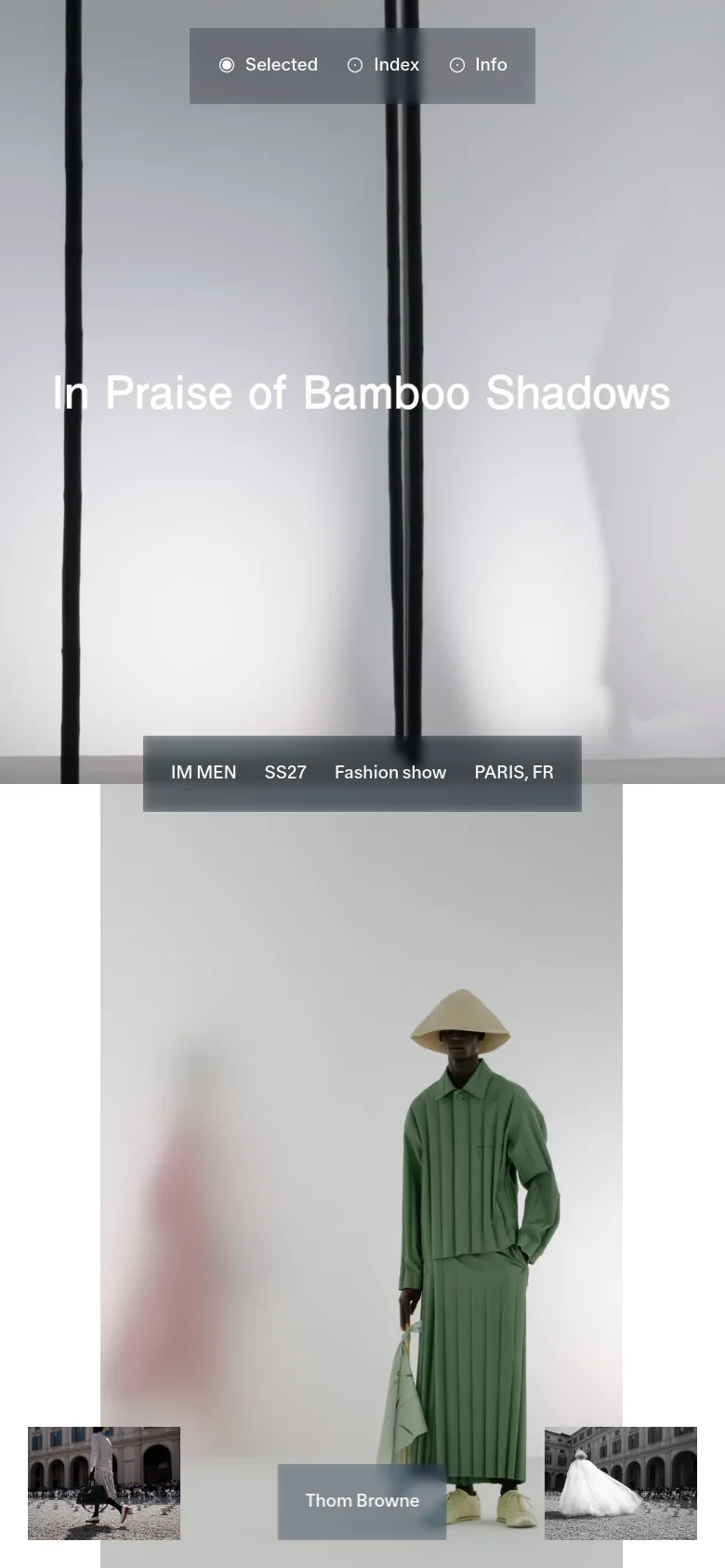 The mobile version presents a vertically stacked layout optimized for smaller screens. The content focuses on large, full-width imagery of fashion models and runway scenes, with text overlays indicating collections like 'IM MEN SS27' and 'Thom Browne'. The navigation menu is simplified into a small, centered overlay with radio-button style options.